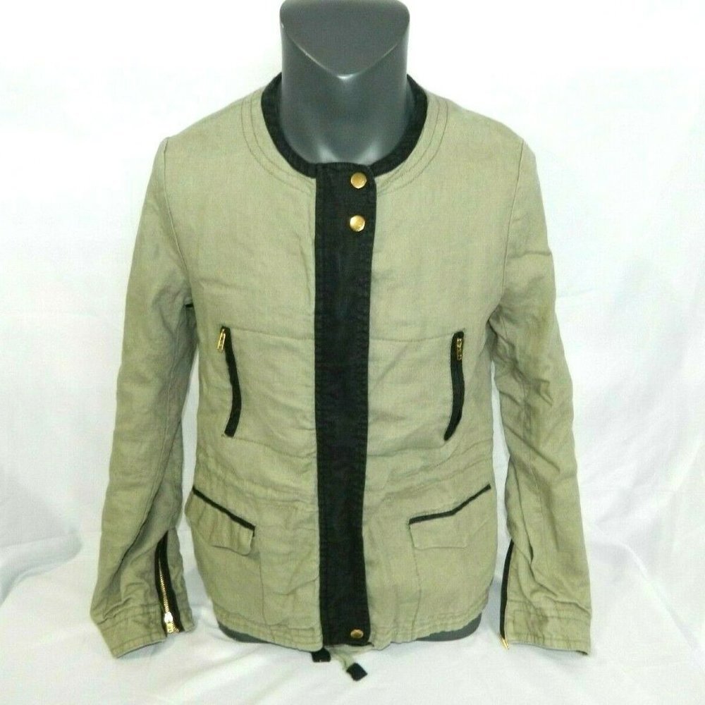 KENAR Linen full Zip Jacket Khaki Green Black Womens M Spring Summer Fall